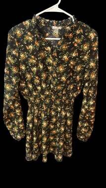 Justify Floral Long Sleeve Mini Dress, Smocked Waist, Black & Orange, Size M